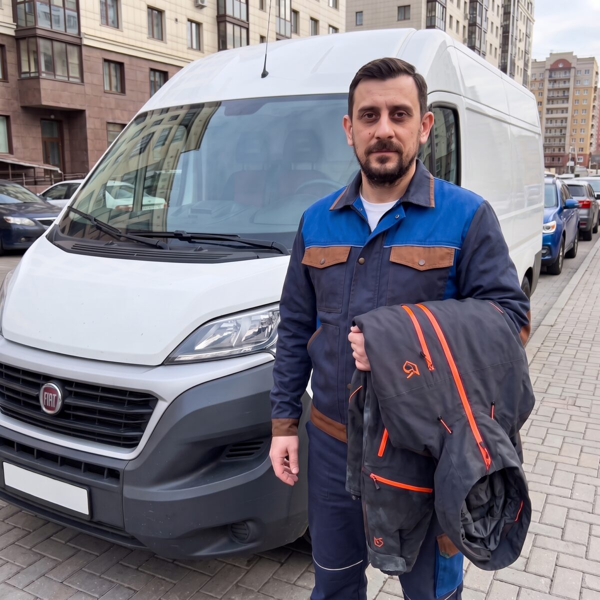 Курьер со спортивным костюмом возле автомобиля